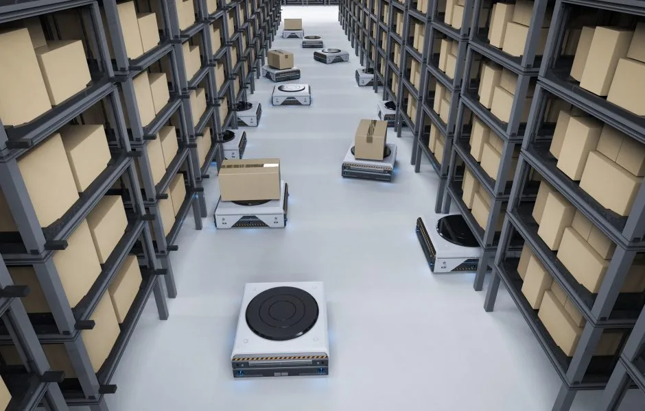 robots on fulfillment center floor moving boxes to the next point