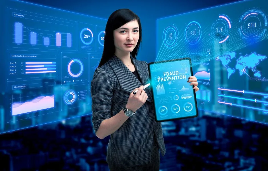 woman surrounded by large computer monitors holding tablet that says fraud prevention