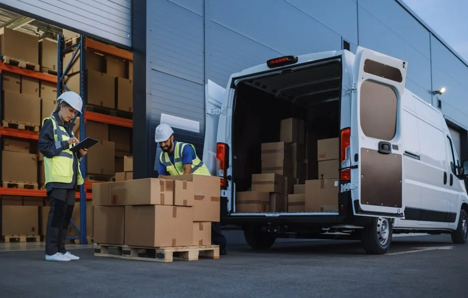 workers outside fulfillment center loading package truck